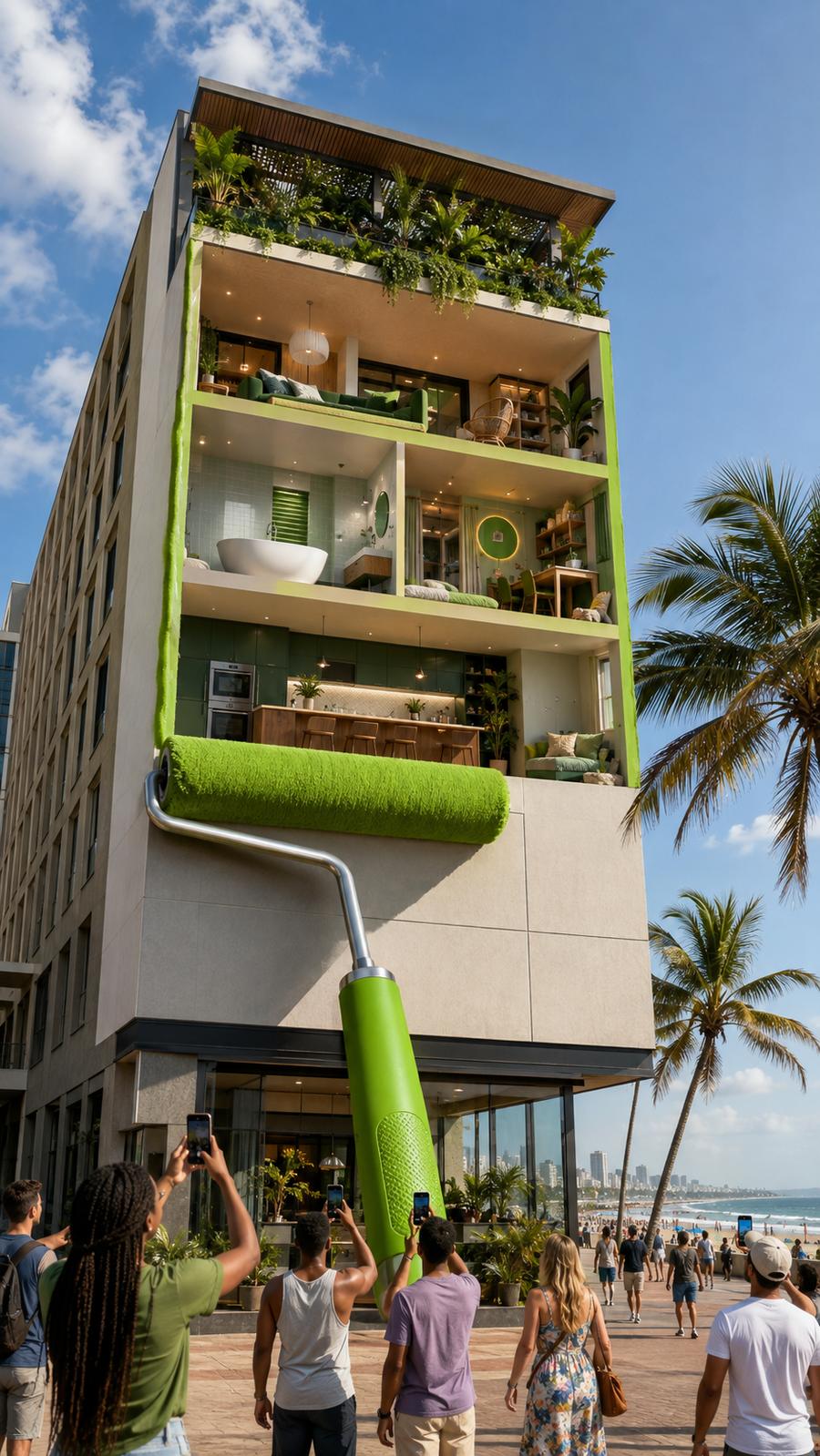 A giant paint roller revealing a fully furnished multi-storey apartment building on the beachfront as it rolls green paint down the facade