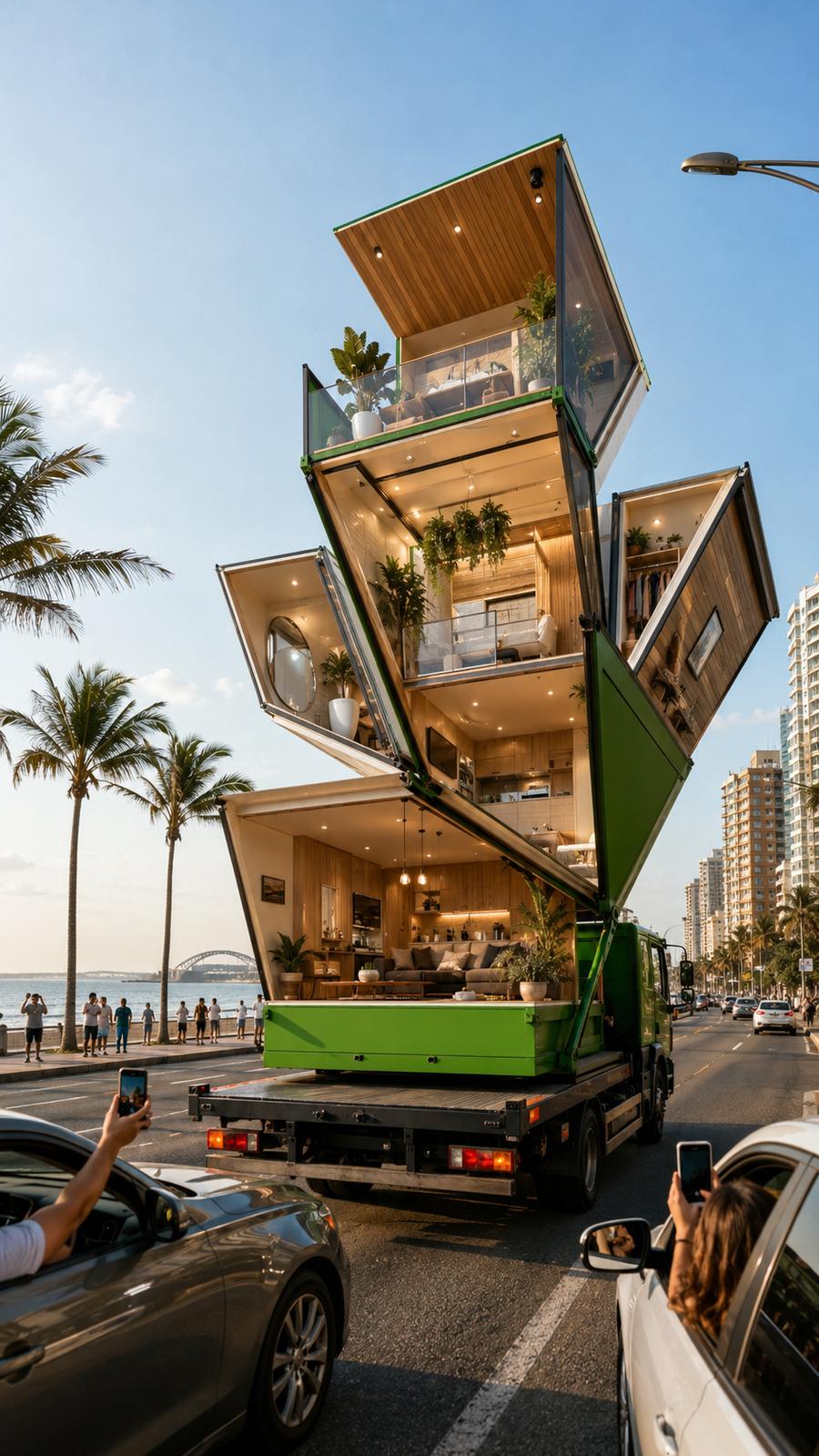 A multi-storey furnished house folded onto the back of a flatbed truck, driving down the Durban beachfront