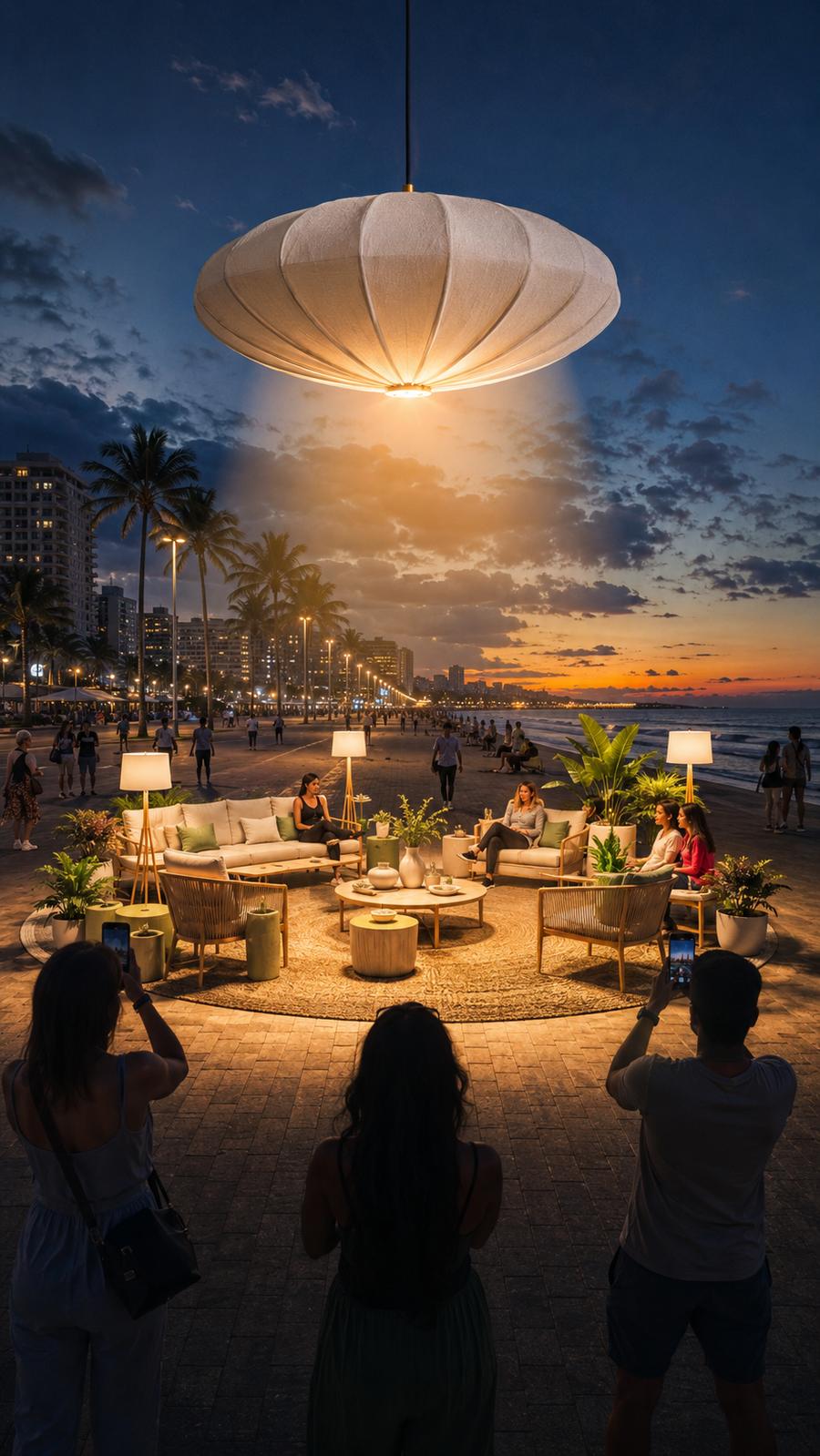 An oversized pendant lamp hanging over an outdoor lounge setup on the Durban beachfront promenade at dusk, with people relaxing underneath and filming