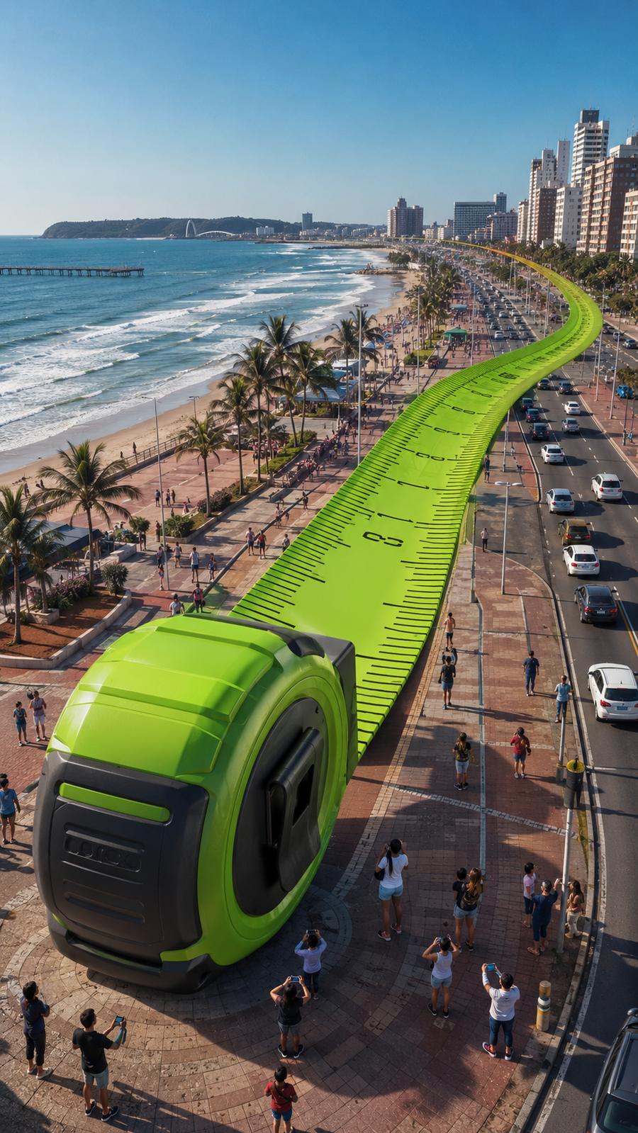 An enormous green tape measure unrolled along the Durban beachfront highway, seen from above with the coastline and city skyline behind it