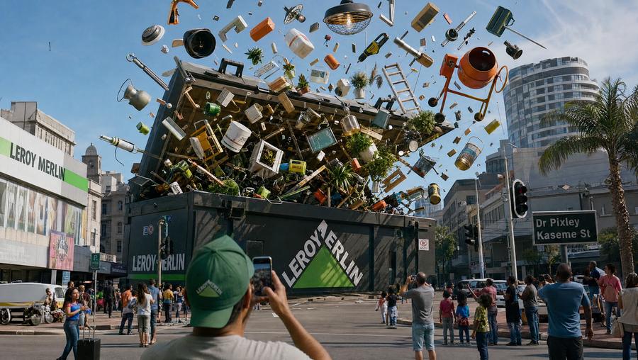 A gigantic Leroy Merlin toolbox burst open over a Durban street, tools and homeware scattered mid-air as pedestrians film on their phones