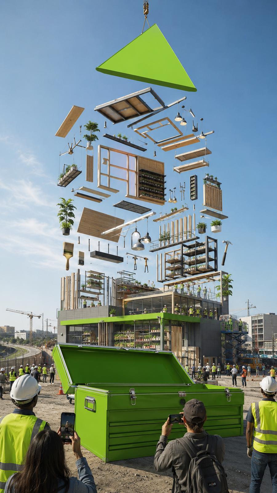 A green toolbox on a construction site with building components suspended above it, being craned into place as workers film on phones
